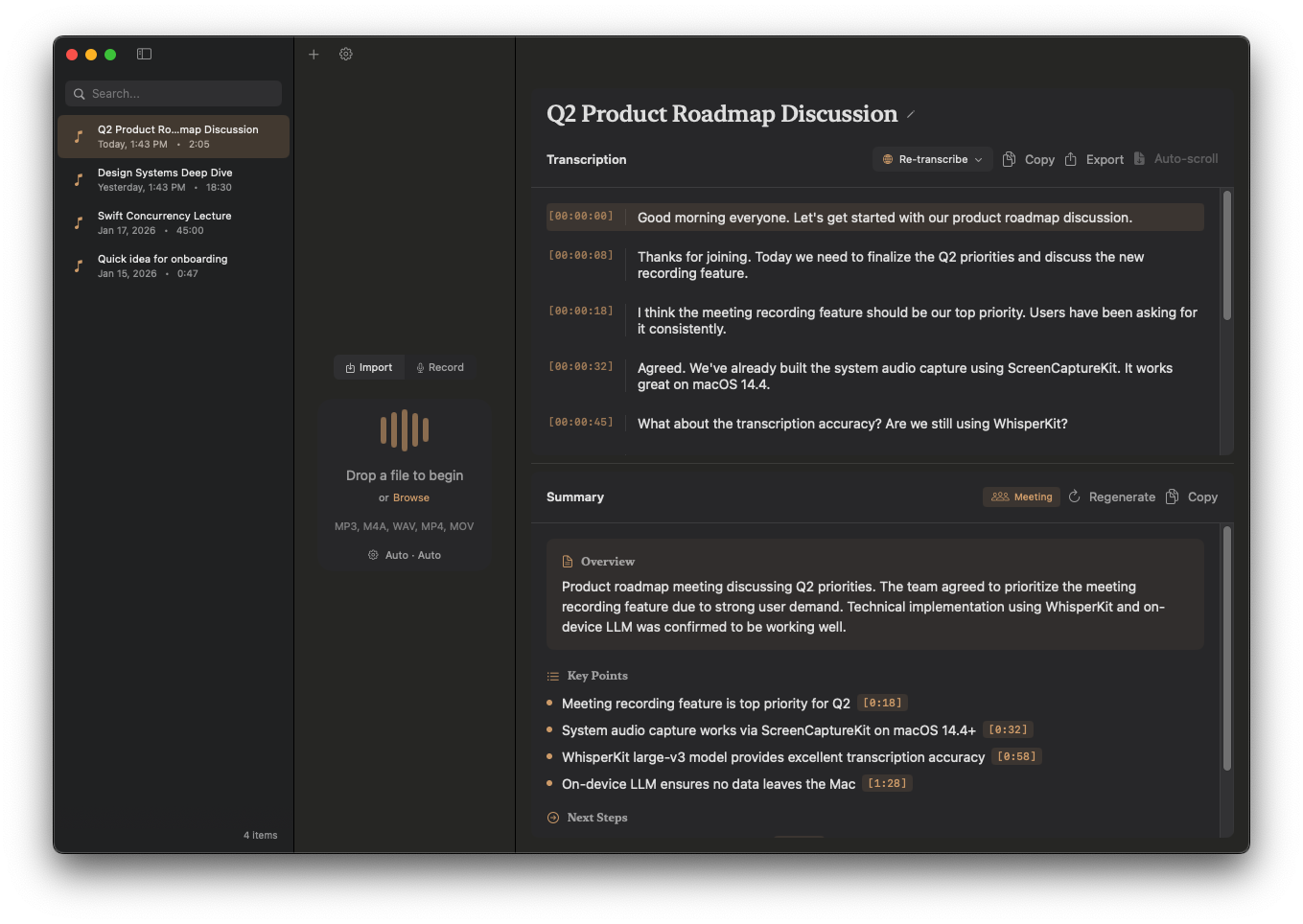 Murmur app interface showing transcription and AI summary