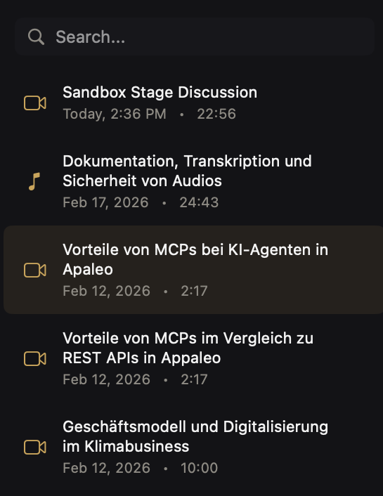 Murmur Seitenleiste mit Aufnahme-Bibliothek und Ordnerstruktur