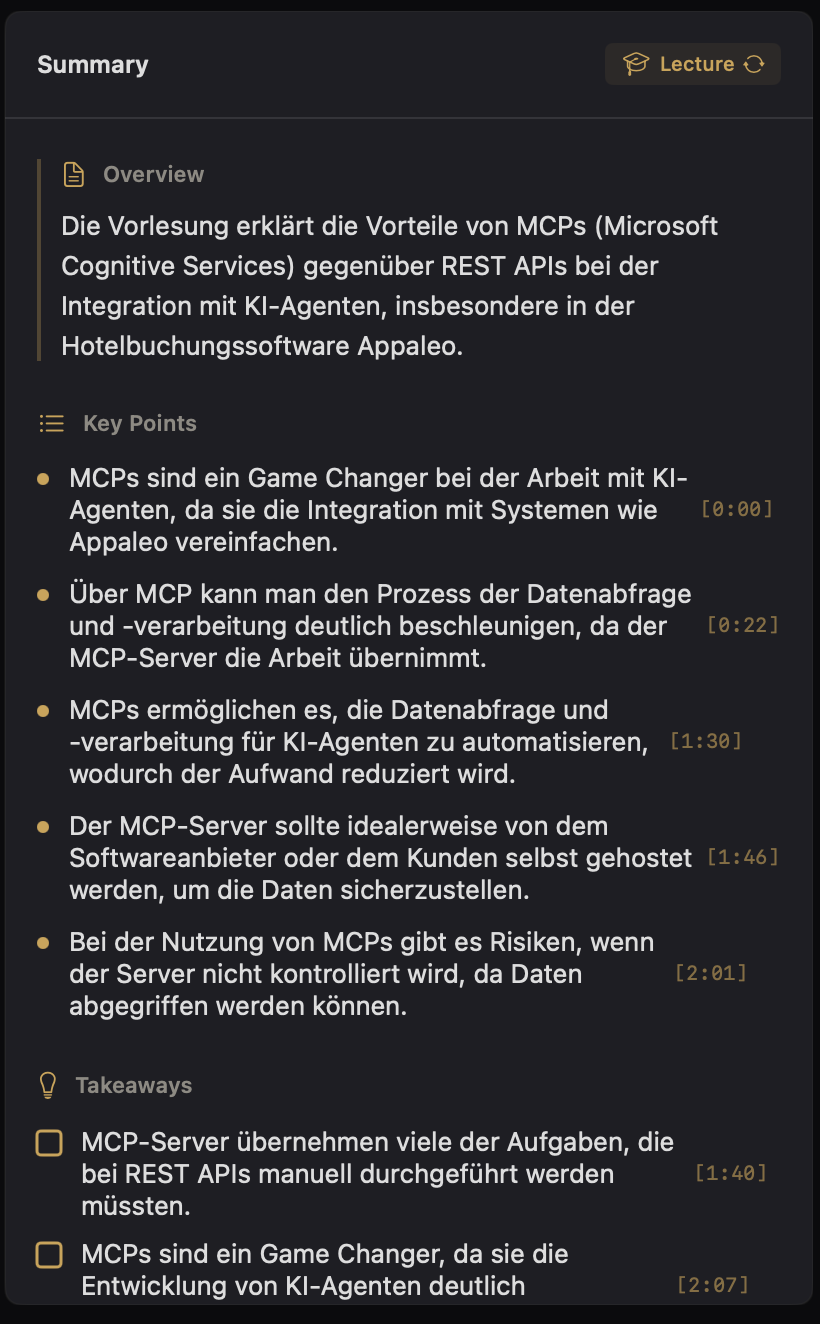 KI-generierte Zusammenfassung mit Kernpunkten und Zeitreferenzen